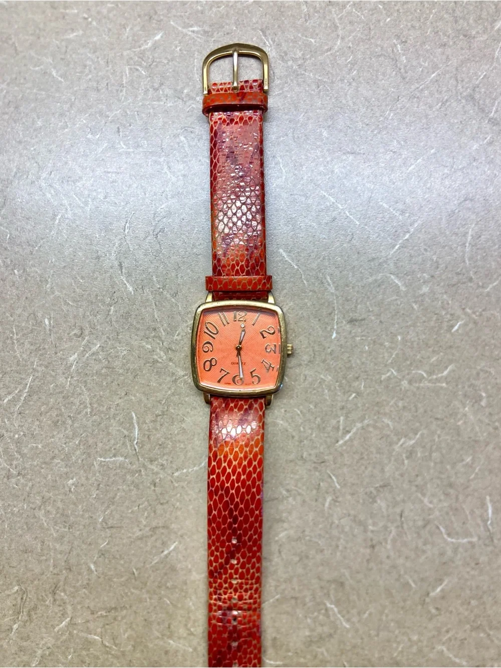 Orange Square Dial Watch with Textured Red-Orange Leather Strap